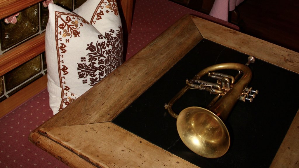 Antikes Horn auf einem Holztisch in einem gemütlichen Raum mit Kissen und Keramikofen