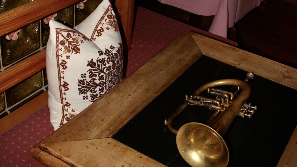 Antique horn on wooden table in cozy room with cushions and ceramic stove