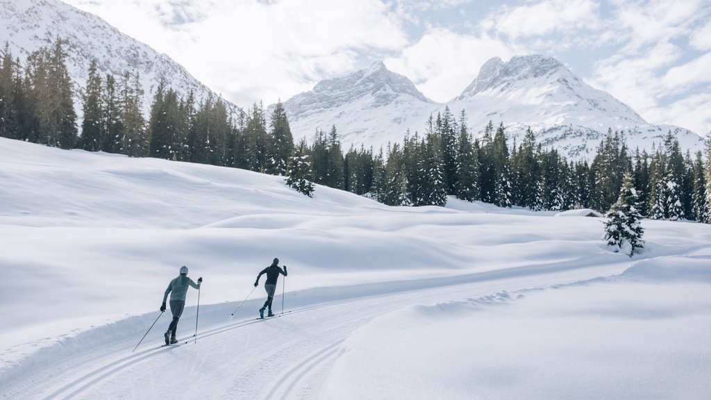 Frühlingsskilauf Zwei Langläufer fahren auf einer verschneiten Piste in den Bergen