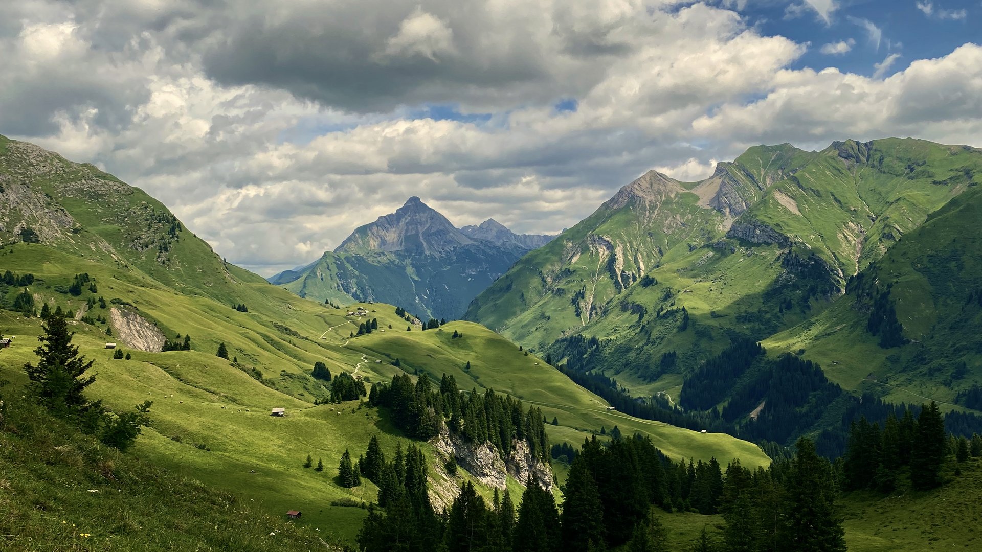 Green alpine landscape with forested hills and cloudy sky