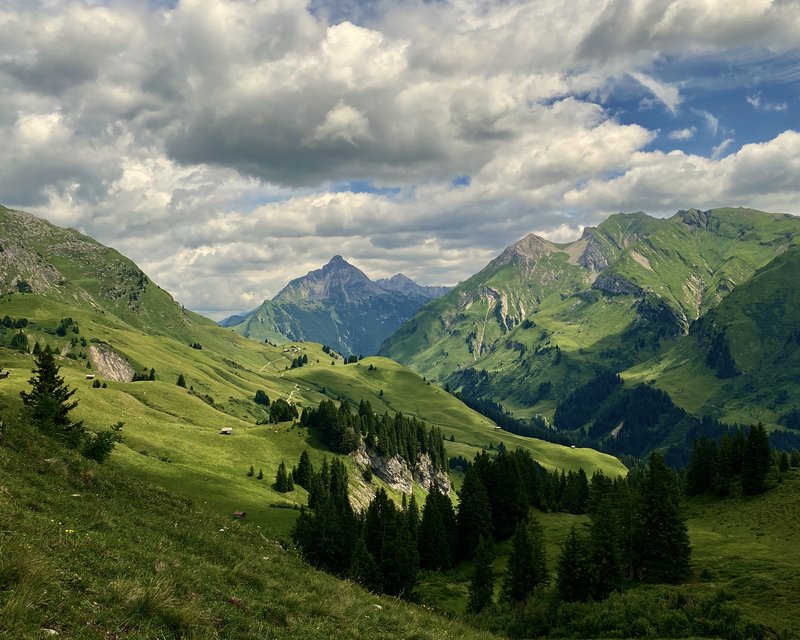 Green alpine landscape with forested hills and cloudy sky