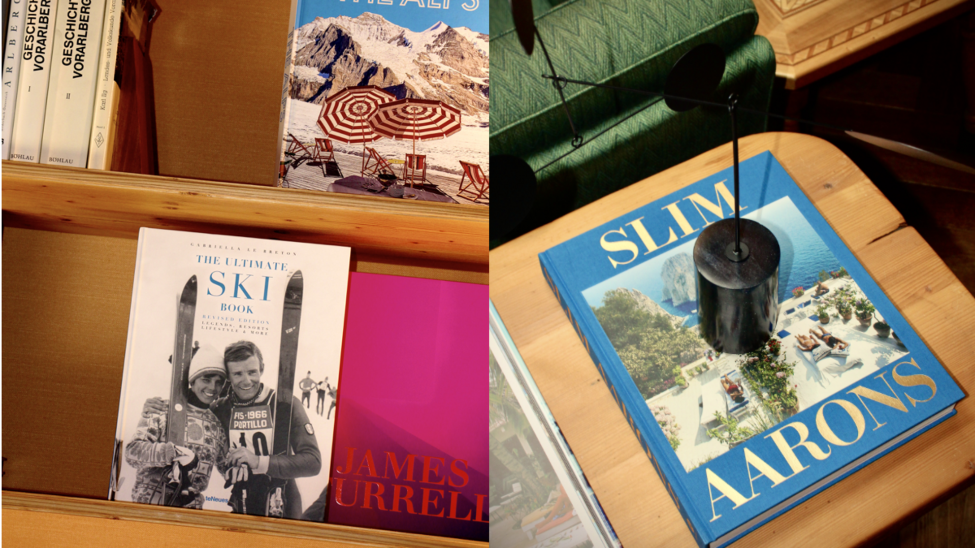 A new chapter in the "Hubertushalle" Books and magazines on a wooden shelf beside a green chair and table lamp
