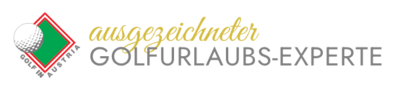 Logo Golfurlaubsexperte mit Golfball vor grün-rotem Diamant