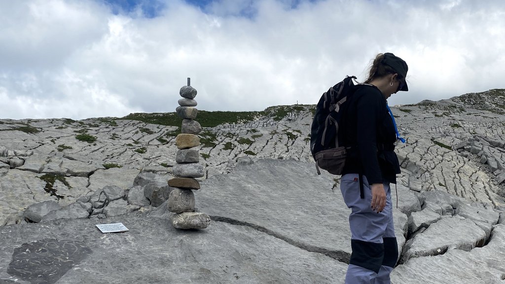 Person standing on rocks near a cairn under a cloudy sky