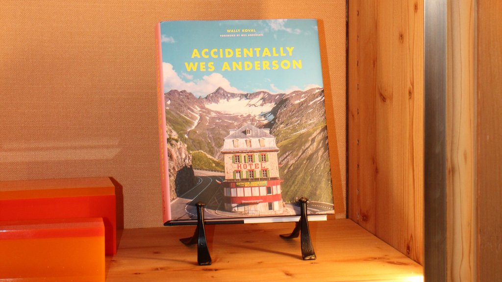 Holzregal mit Büchern, darunter ein Bildband über Wes Anderson